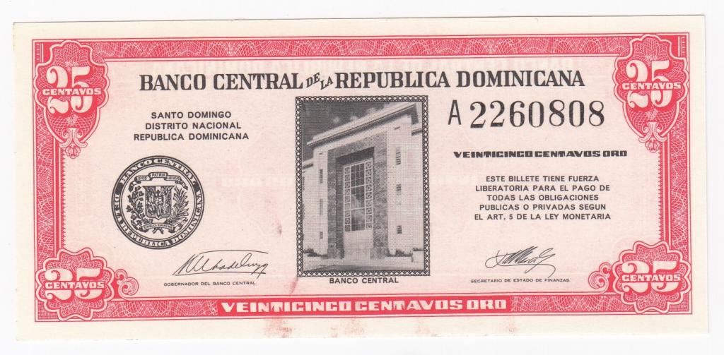 Доминикана Банкнота 25 сентаво центаво 1961 год A2260808 AUNC/UNC (40068)
