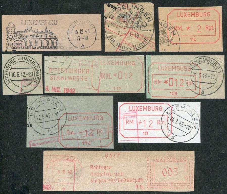 Германия 1942-1943 ЛЮКСЕМБУРГ оккупация СГ спецгашения штемпеля франкотипы на вырезках (9)