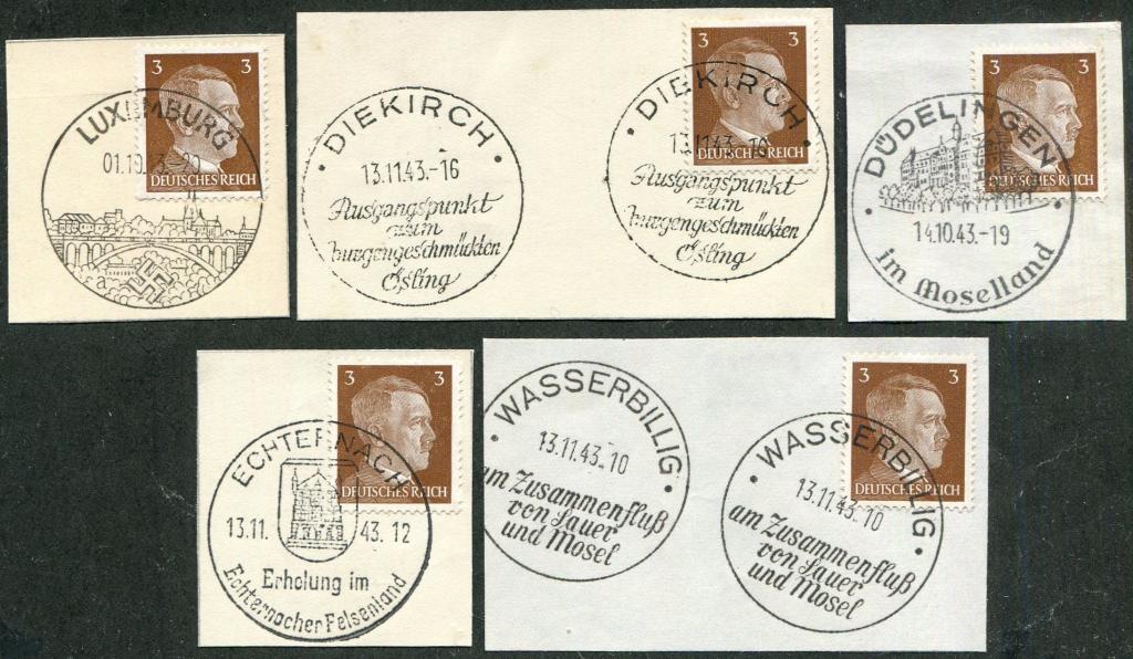 Германия 1943 ЛЮКСЕМБУРГ оккупация СГ спецгашения на вырезках разные города (5)