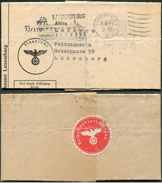 Германия 1943 ЛЮКСЕМБУРГ оккупация рекламный слоган облатка служебное Налоговая инспекция документ