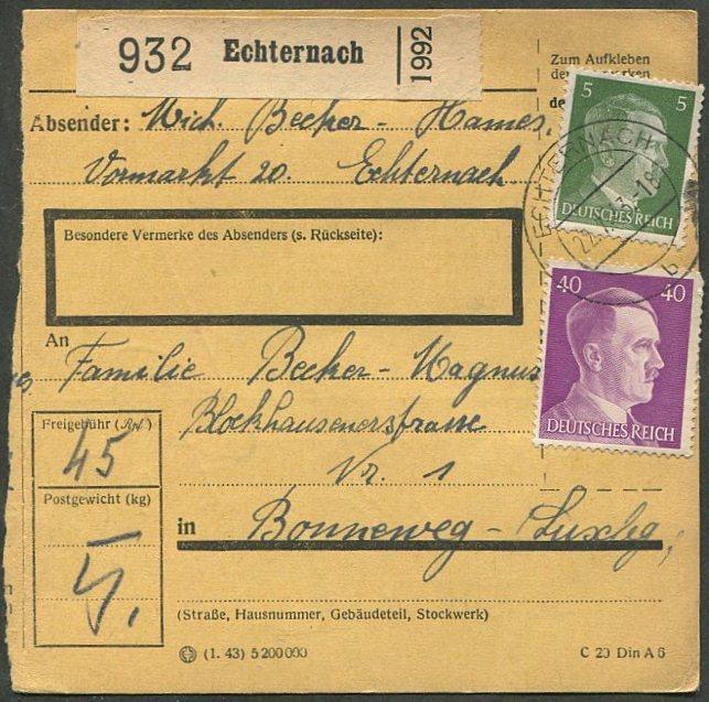 Германия 1943 ЛЮКСЕМБУРГ оккупация шт. Echternach (Эхтернах) сопроводительный адрес к посылке
