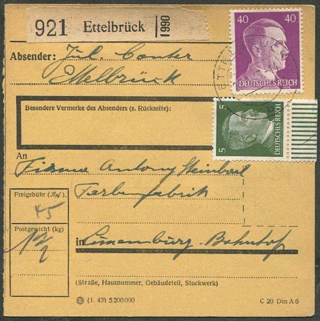 Германия 1943 ЛЮКСЕМБУРГ оккупация шт. Ettelbrück (Эттельбрюк) сопроводительный адрес к посылке