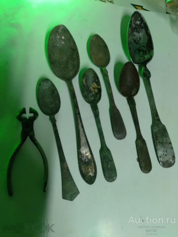 ложки старинные. разные производители, клейма, 6-шт +кусачки