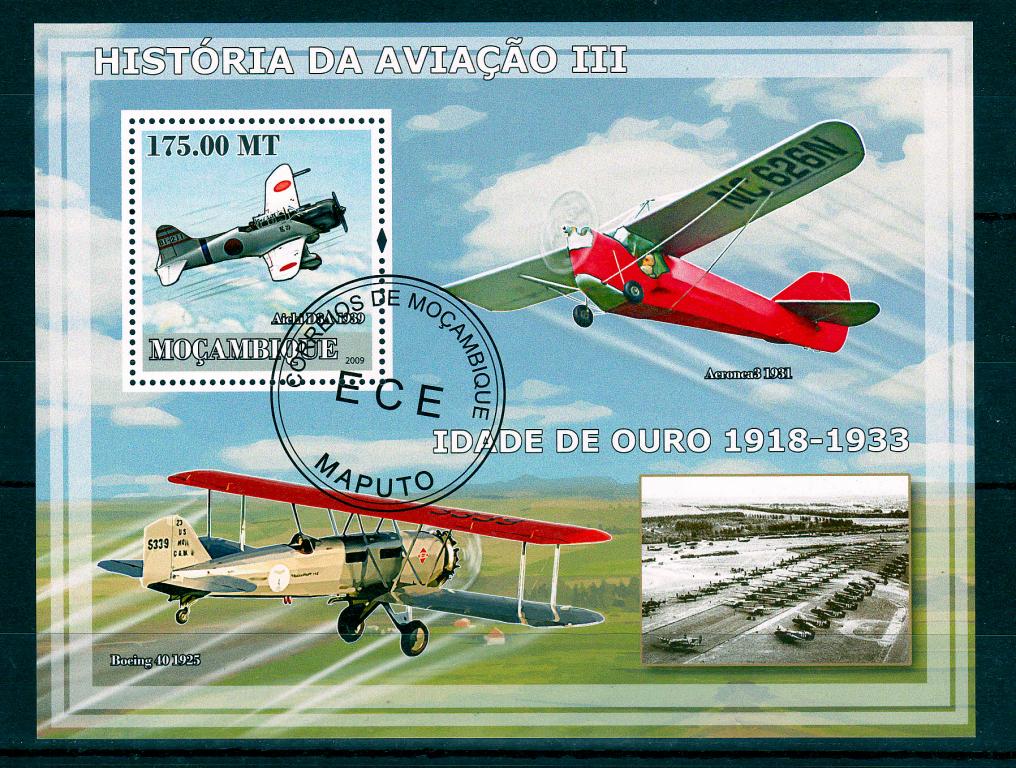 Марки Мозамбик 2009 г. История авиации Блок Боевые самолеты 1918-1933 годов Милитария Истребители