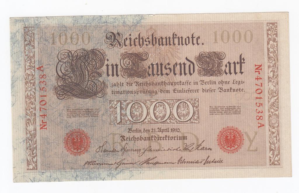 Германия Банкнота 1000 марок 1910 год Буква Y Nr4701538A AUNC/UNC (40170)