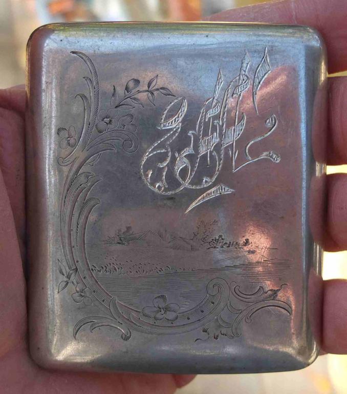 серебряный портсигар с цветочной гравировкой, серебро 84 проба