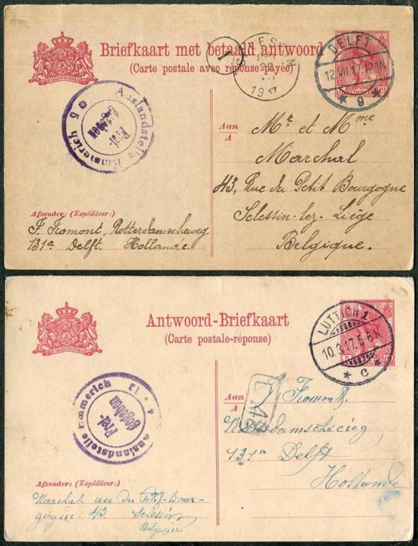 Нидерланды 1917⇒Бельгия (немецкая оккупация) цензура + обратно ПК с оплаченным ответом (см.описание)