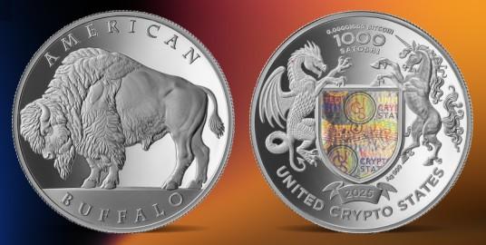 * United Crypto States 1000 сатоши 2025 Buffalo * Биткоин * Bitcoin * Голограмма * Серебро 1 унция
