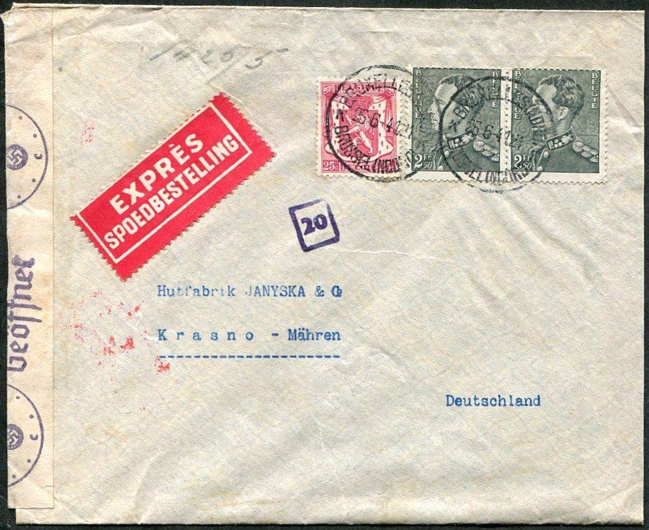 Бельгия 1941 ВМВ немецкая оккупация Брюссель цензура экспресс ⇒ Богемия и Моравия Германия