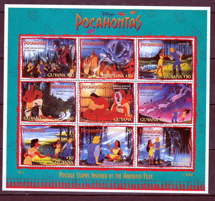 Марки Гайана 1995 г. Мультфильмы Уолт Дисней Покахонтас МЛ MNH OG **