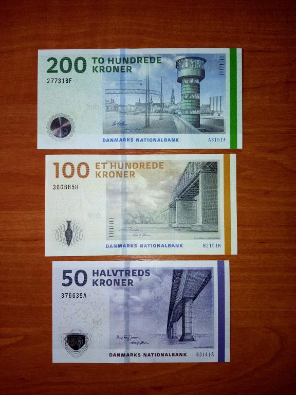 Набор банкнот Дания 200, 100, 50 крон 2015 ПРЕСС UNC