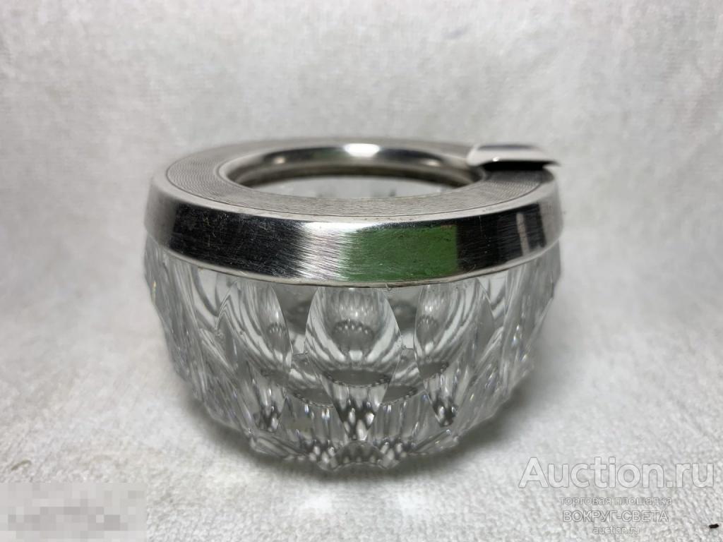 ★★ СТАРИННАЯ ХРУСТАЛЬНАЯ ПЕПЕЛЬНИЦА СЕРЕБРО! ПРОБА! СОСТОЯНИЕ! ★★