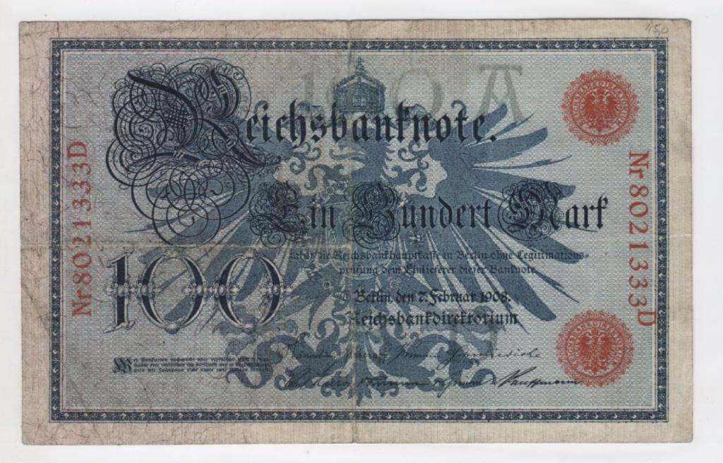 Германия 100 Марок 1908 красная печать