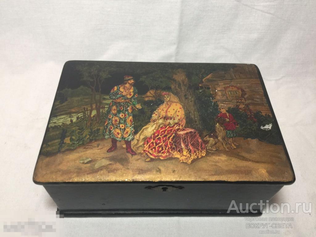 СТАРИННАЯ ШКАТУЛКА:СЕМЕЙНЫЙ ВЕЧЕР КРЕСТЬЯН (РОСПИСЬ) (ОРИГИНАЛ!!!)