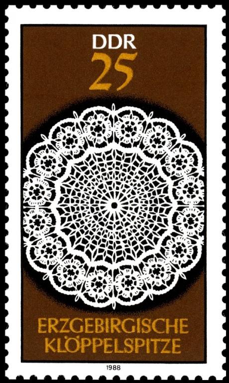 (1988-091) Марка Германия (ГДР) "Кружева 2" Кружева Эржебирге II 