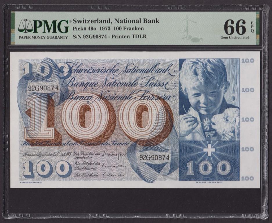 Швейцария 1973г 100 франков UNC (Pick 49o) слаб PMG-66 EPQ (90874)