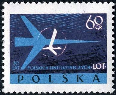 (1959-030) Марка Польша "Силуэт самолета и эмблема" 30 лет авиакомпании LOT II 