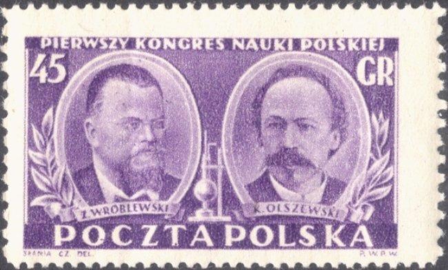 (1951-017) Марка Польша "З. Врублевский, К. Ольшевский" 1-й Конгресс польских ученых в Варшаве II 