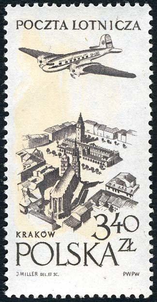 (1957-046) Марка Польша "Над рынком в Кракове" Самолет над городами I 