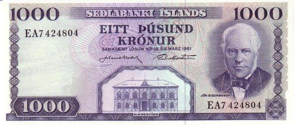 (Nordal Hjartarson) Банкнота Исландия 1961 год 1 000 крон "Йоун Сигурдссон"  UNC