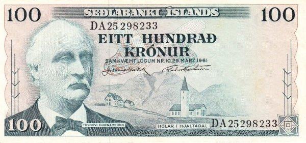 (Nordal Hjartarson) Банкнота Исландия 1961 год 100 крон "Триггви Гуннарссон"  UNC