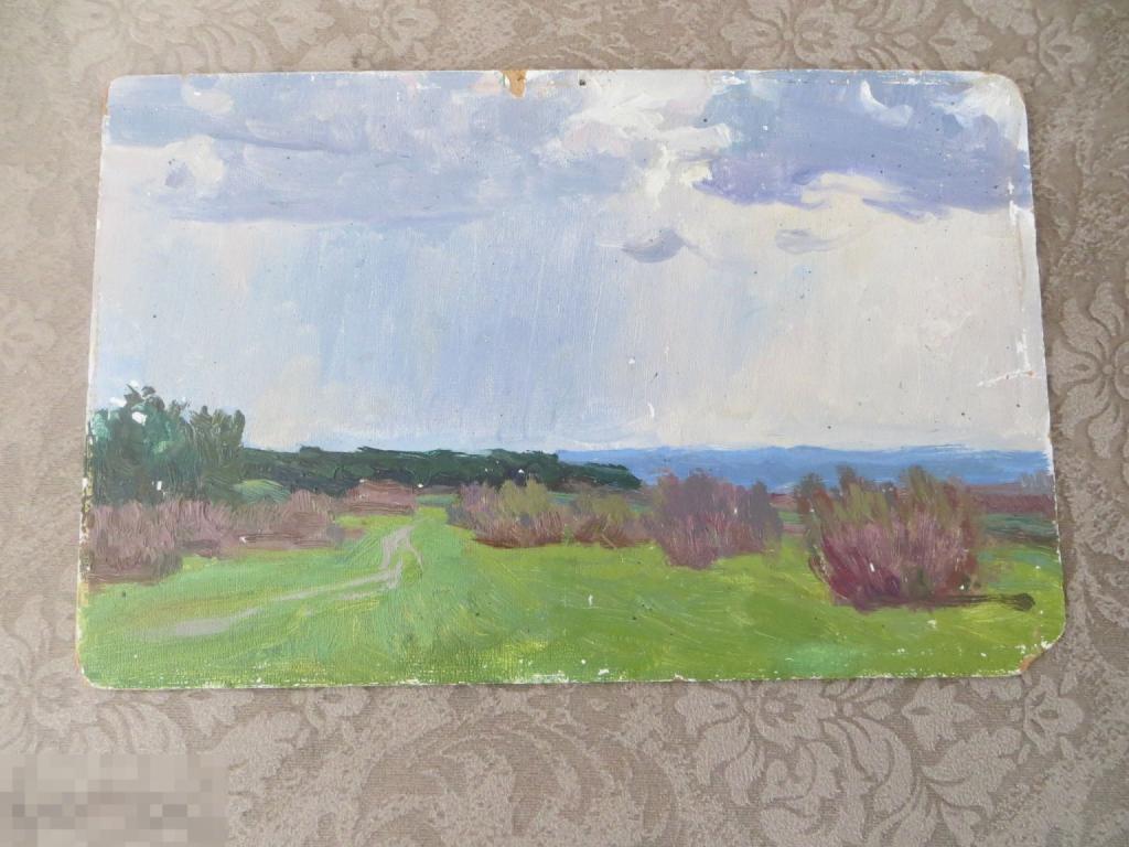 Картина пейзаж, летний дождь. Масло, картон. ссср. 1964г.