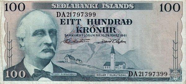 (Hjartarson Olafsson) Банкнота Исландия 1961 год 100 крон "Триггви Гуннарссон"  UNC