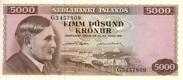 (Olafsson Nordal) Банкнота Исландия 1961 год 5 000 крон "Эйнар Бенедиктссон"  UNC