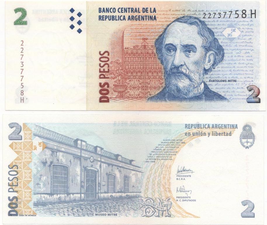 (2002) Банкнота Аргентина 2002 год 2 песо "Бартоломе Митре"  UNC