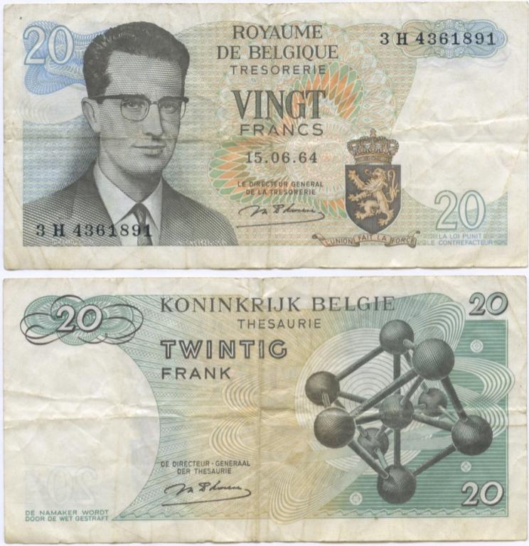 (d'Haeze) Банкнота Бельгия 1964 год 20 франков "Бодуэн"  VF