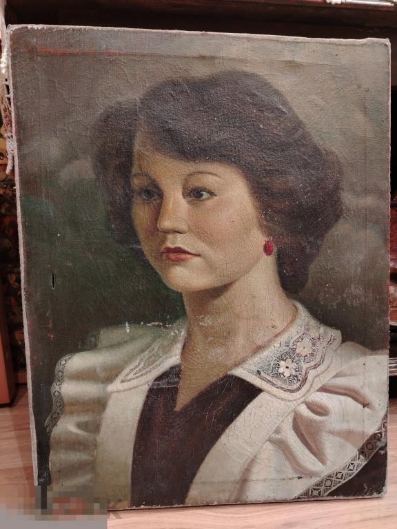 Старинная картина, женский портрет. Школьница. 50-е годы