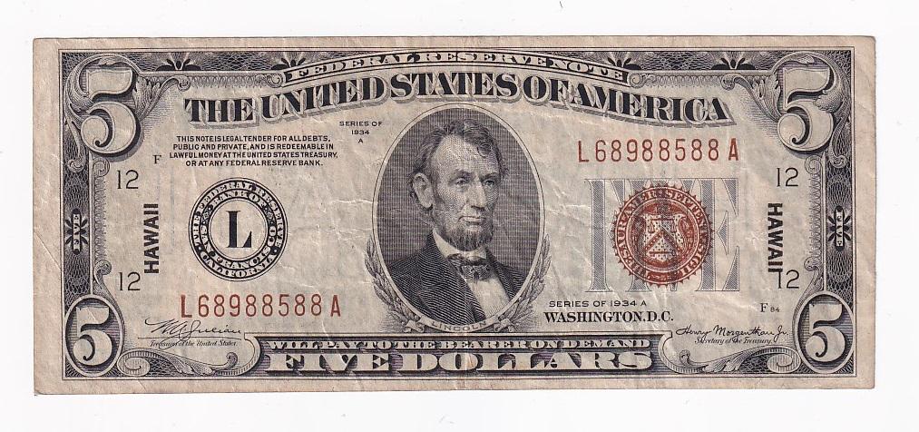 Гавайи США Банкнота 5 долларов 1934 год Надпечатка HAWAII L68988588A VF (40527)