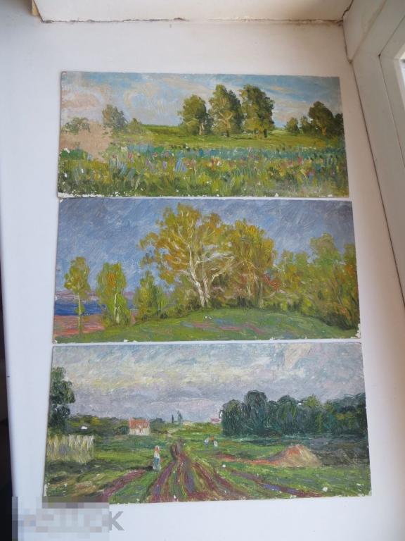 Картина красивый пейзаж, масло, картон. СССР. 3шт. 1952г.