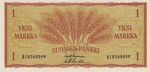 Банкнота Финляндия 1963 год 1 марка "Колосья" Leinonen - Luukka UNC