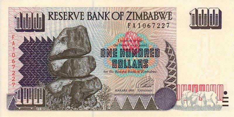Банкнота Зимбабве 1995 год 100 долларов "Балансирующие скалы"  UNC