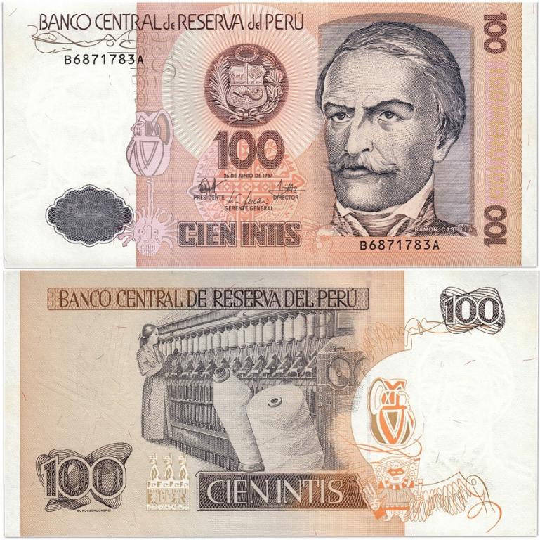 (1987) Банкнота Перу 1987 год 100 инти "Рамон Кастилья"  UNC