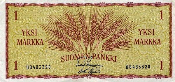 Банкнота Финляндия 1963 год 1 марка "Колосья" Leinonen - Aspelund UNC