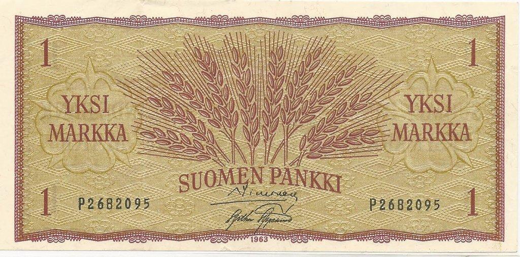 Банкнота Финляндия 1963 год 1 марка "Колосья" Simonen - Aspelund UNC