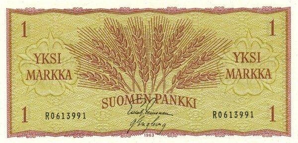 Банкнота Финляндия 1963 год 1 марка "Колосья" Leinonen - Engberg XF
