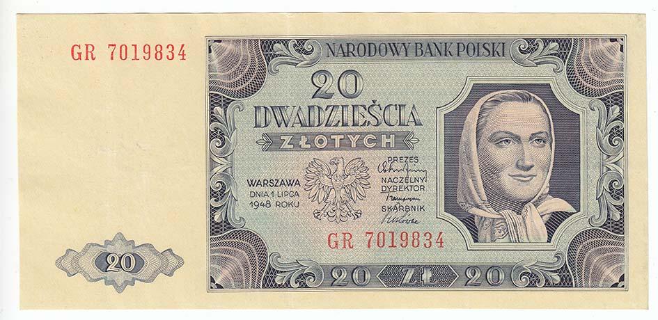 (1948) Банкнота Польша 1948 год 20 злотых "Крестьянка"  XF
