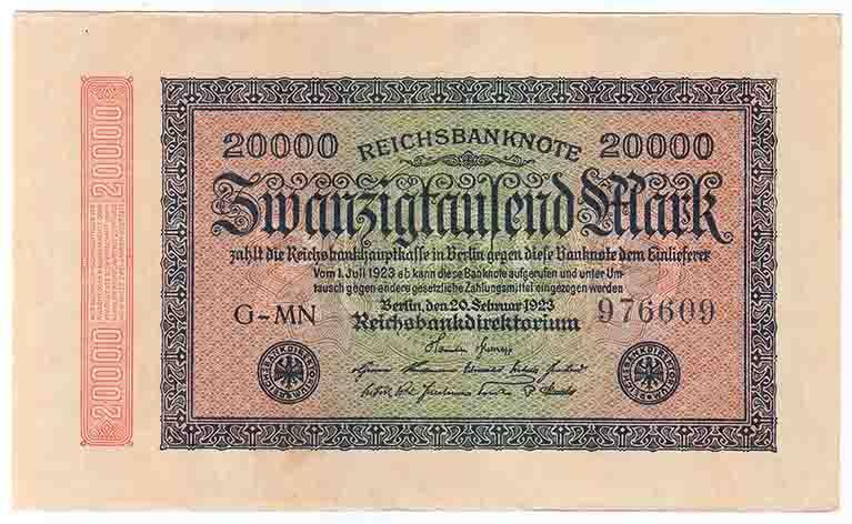 (1923) Банкнота Германия 1923 год 20 000 марок "Вод знак Скрепки" 2-й выпуск XF