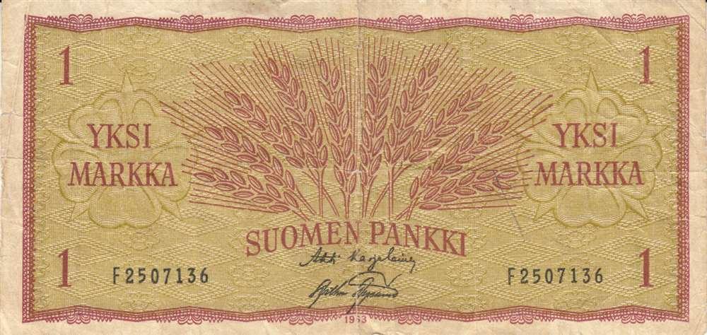 Банкнота Финляндия 1963 год 1 марка "Колосья" Karjalainen - Aspelund VF