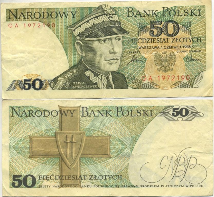 (1986) Банкнота Польша 1986 год 50 злотых "Кароль Сверчевский"  VF