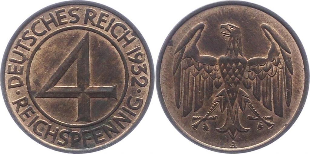 (1932a) Монета Германия (Веймар) 1932 год 4 пфеннинга  Медь XF