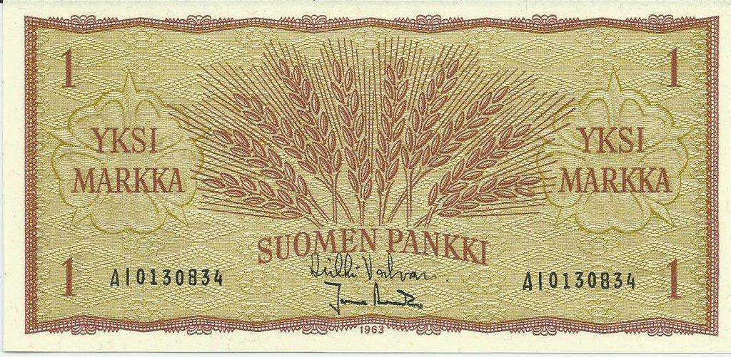 Банкнота Финляндия 1963 год 1 марка "Колосья" Valvanne - Aranko XF