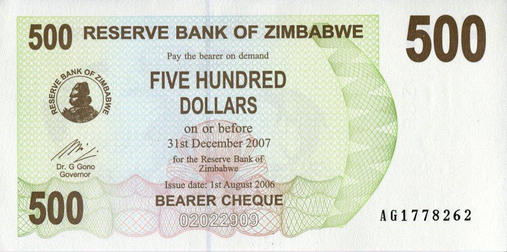Банкнота Чек на предъявителя Зимбабве 2006-2007 год 500 долларов "ГЭС Кариба"  UNC