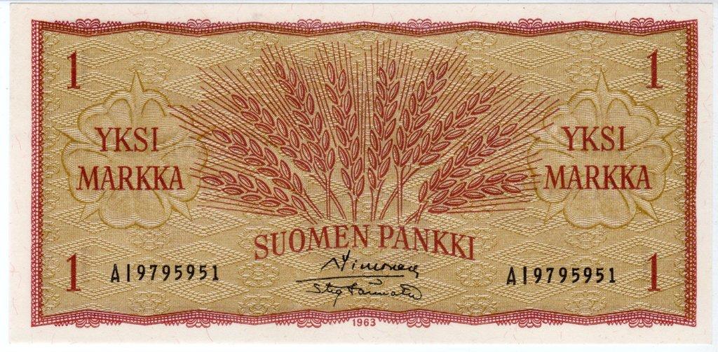 Банкнота Финляндия 1963 год 1 марка "Колосья" Simonen - Tornroth UNC