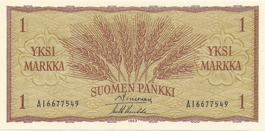 Банкнота Финляндия 1963 год 1 марка "Колосья" Simonen - Luukka UNC
