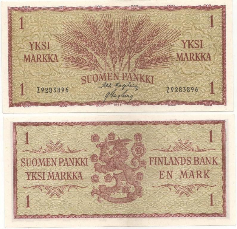 Банкнота Финляндия 1963 год 1 марка "Колосья" Karjalainen - Engberg XF