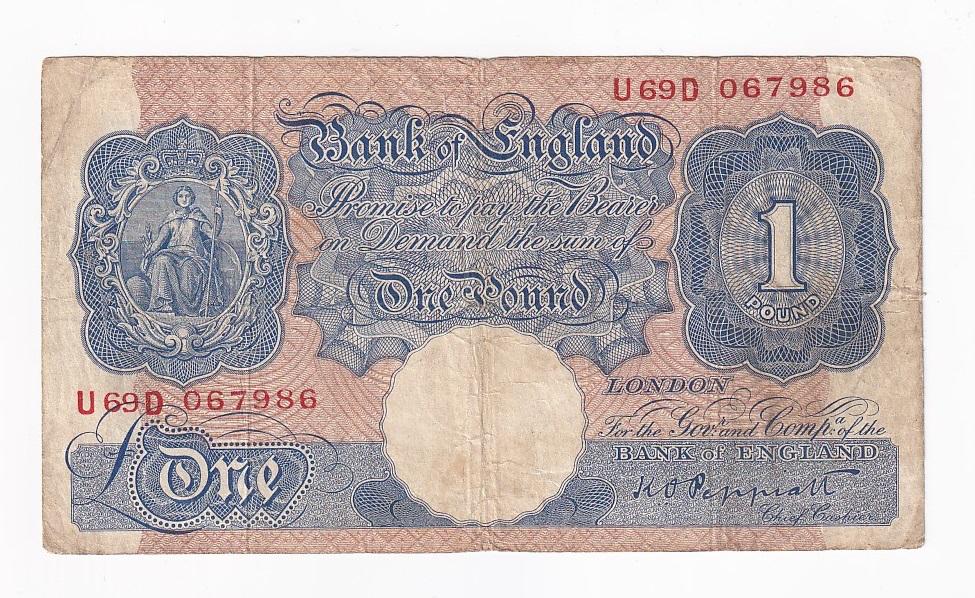 Англия Банкнота 1 фунт 1948 - 1949 год U69D 067986 VF (40577)